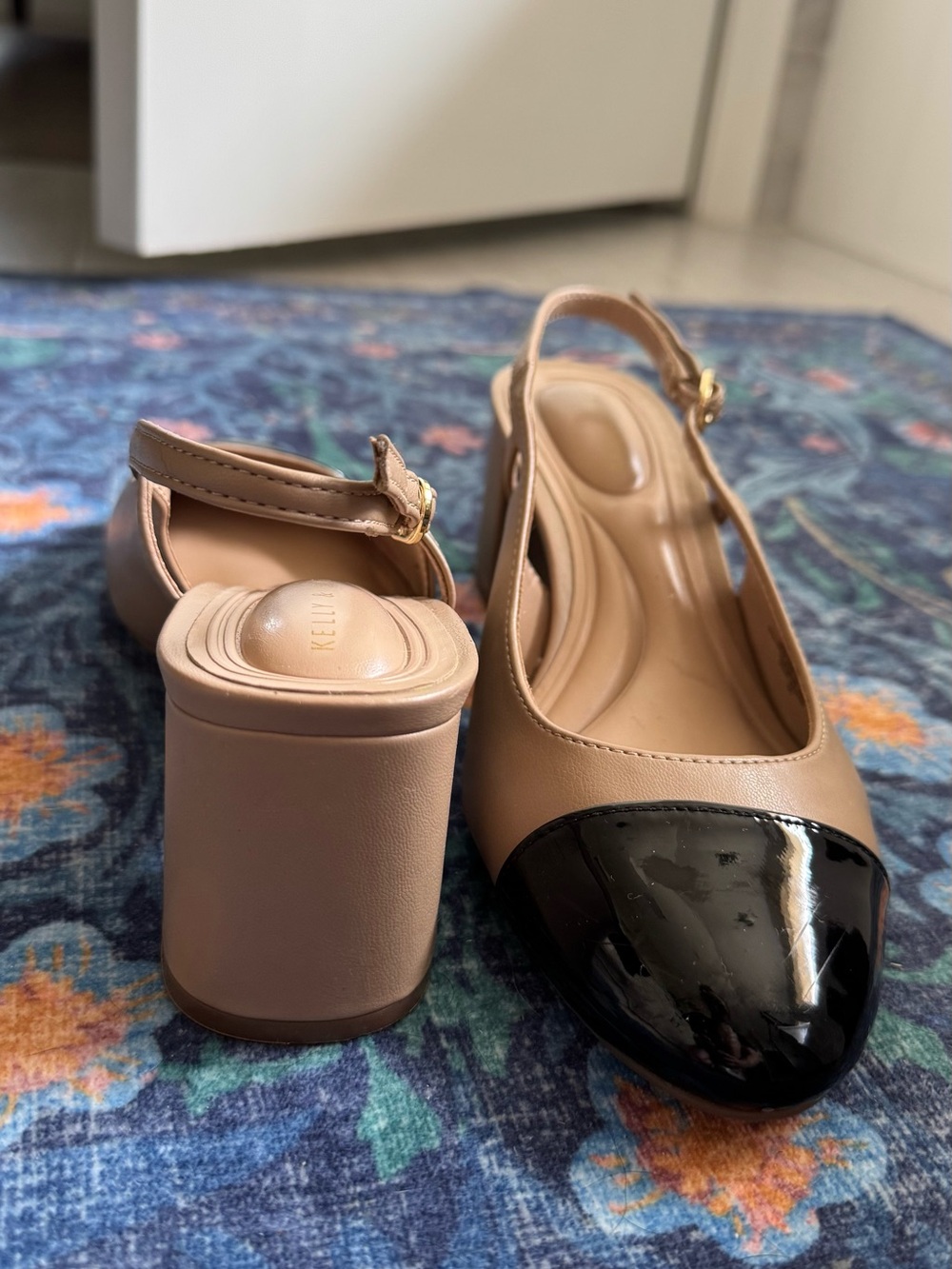 Beige Slingback Block Heel with Black Patent Toe